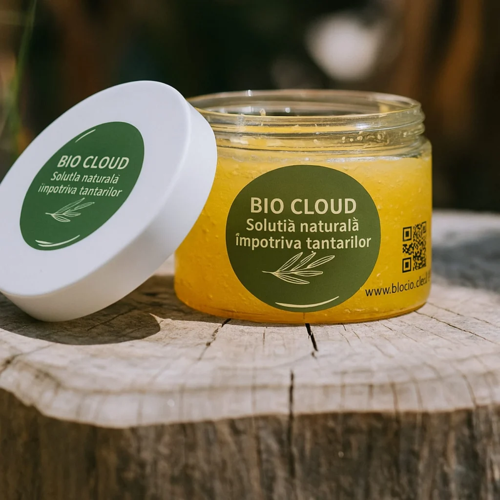 Borcan deschis cu gel galben BIO CLOUD, etichetă verde, plasat pe trunchi de lemn, soluție naturală împotriva țânțarilor