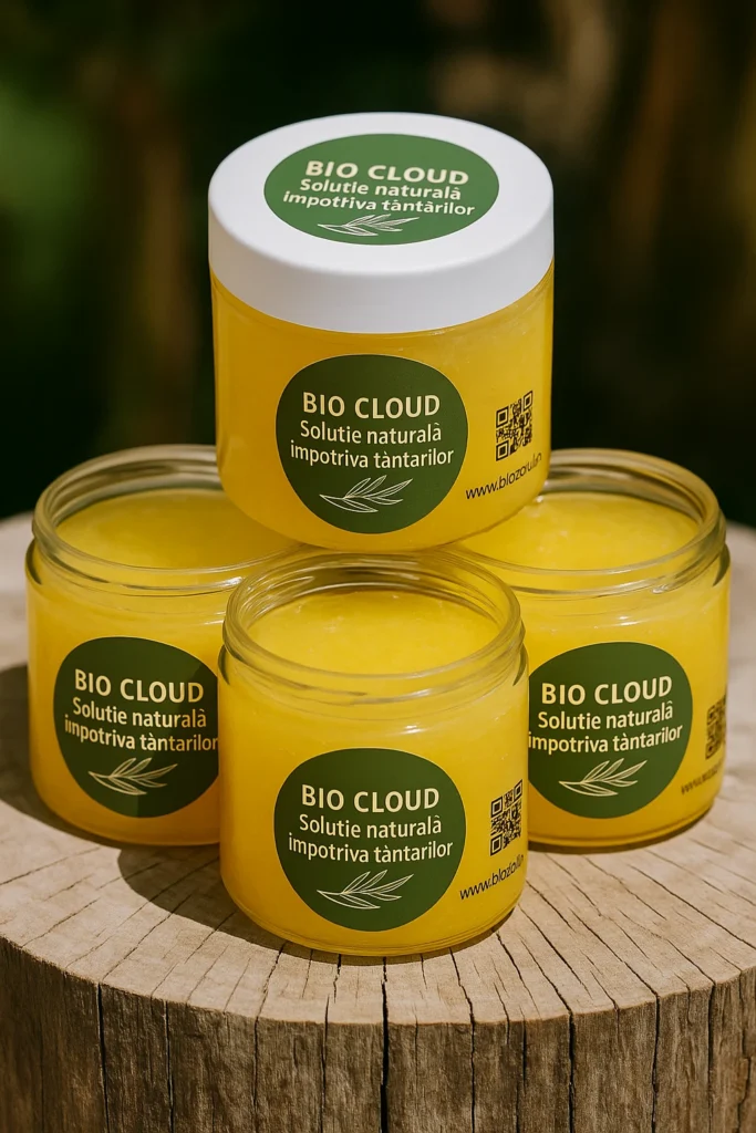 4 borcane BIO CLOUD cu gel galben natural, aranjate pe buturugă de lemn, soluție eficientă anti-țânțari