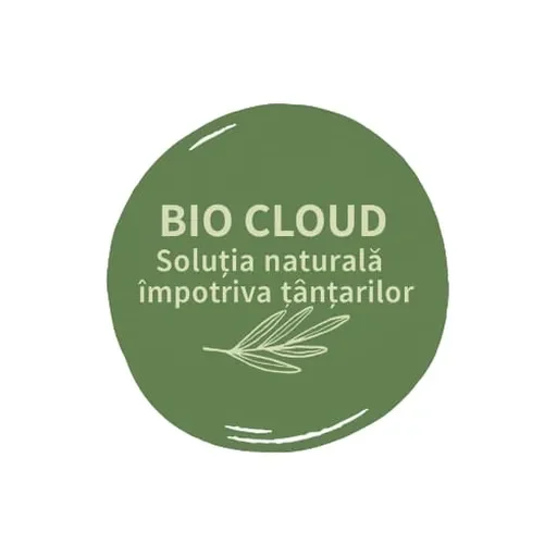 Logo BIO CLOUD cu fundal verde și mesaj Soluția naturală împotriva țânțarilor